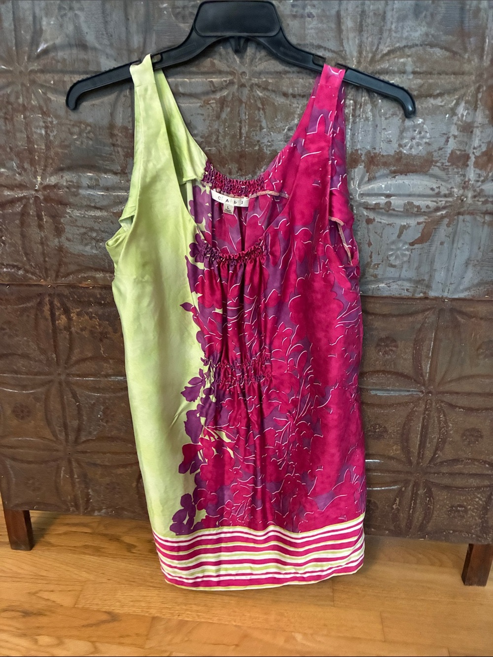 CAbi Women's Two-Tone Pink & Lime Floral Silk Sleeveless Top